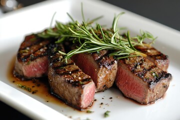 Grilled steak garnished with fresh rosemary, showcasing a juicy and flavorful presentation on a white plate.