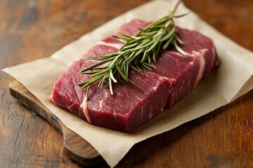 A fresh cut of beef sits on parchment paper, garnished with a sprig of rosemary, ready for preparation.