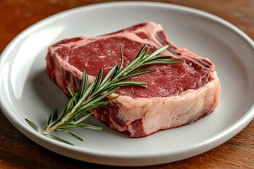 A raw ribeye steak garnished with fresh rosemary sits on a white plate, showcasing its marbled texture and rich color.