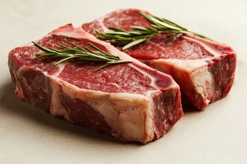 Fresh cuts of meat garnished with rosemary, showcasing marbling and rich color, perfect for grilling or roasting.