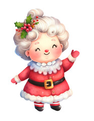 Fototapeta premium Mrs. Claus with pie isolated on white background. Watercolor. Romantic tradition. Christmas character design