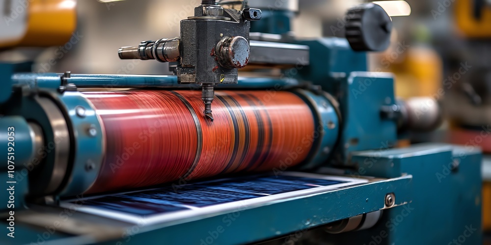 Poster Close-up of a printing press with a red ink roller and a sheet of paper being printed.