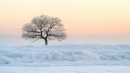 solitary tree stands against serene backdrop of waves and soft pastel colors, evoking sense of tranquility and resilience in nature