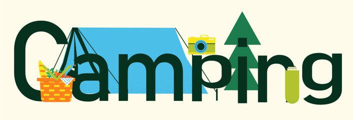 Fototapeta premium Camping. Horizontal banner. Letters camp and cartoon flat style isolated illustration. Tent and forest. Wild nature hiking tourism. Picnic in park. Adventure vacation. Vector image