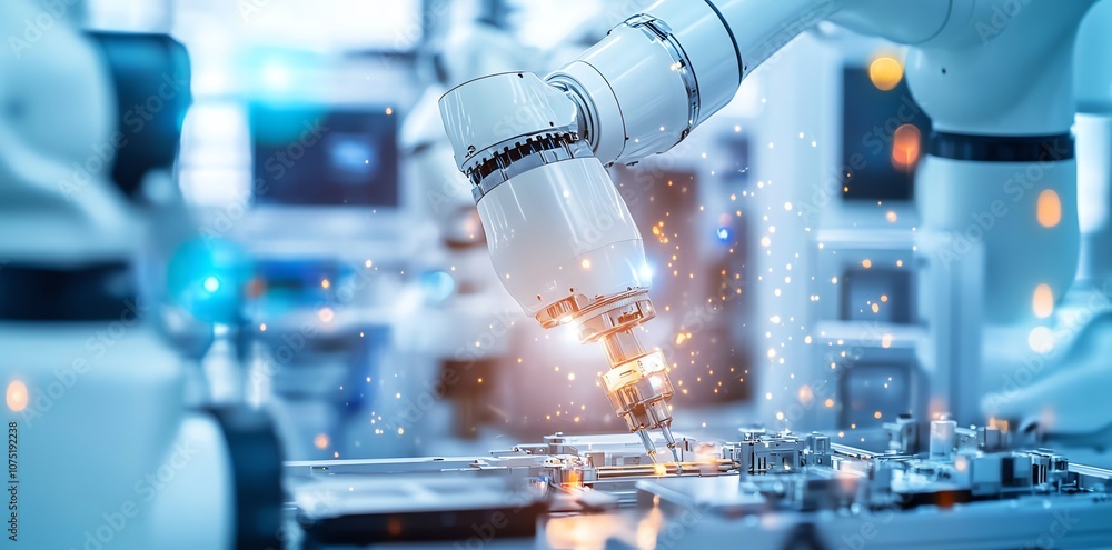 Poster close-up of a robotic arm with sparks flying as it works on a metal assembly line in a factory.