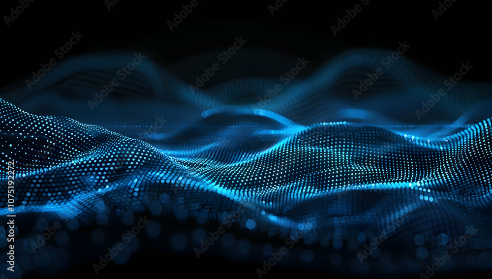 Poster abstract blue digital wave background with glowing dots and lines for technology
