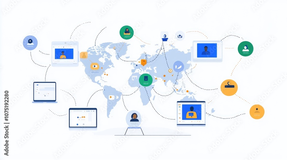 Poster global communication network concept with video conferencing, digital devices, and user icons repres