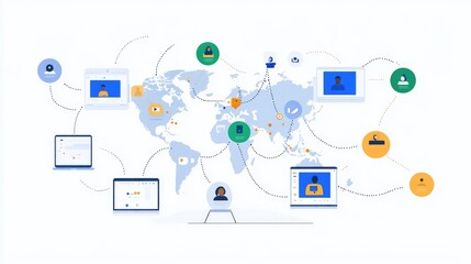 Global Communication Network Concept with Video Conferencing, Digital Devices, and User Icons Representing Remote Collaboration Across Different Locations