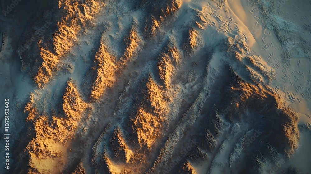 Poster aerial view of a symmetrical desert landscape, showing parallel dunes stretching into the distance, 