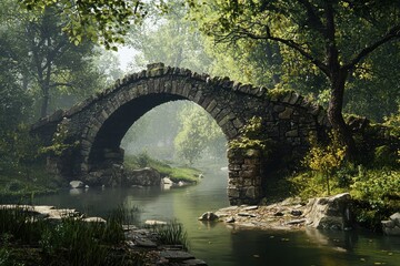 Ancient stone bridge over calm river in misty forest landscape, serene natural scene with lush greenery and peaceful water reflections, Ai Generation