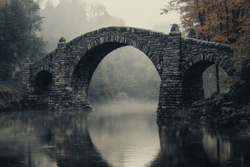 Ancient stone bridge over calm river in misty forest landscape, serene natural scene with lush greenery and peaceful water reflections, Ai Generation
