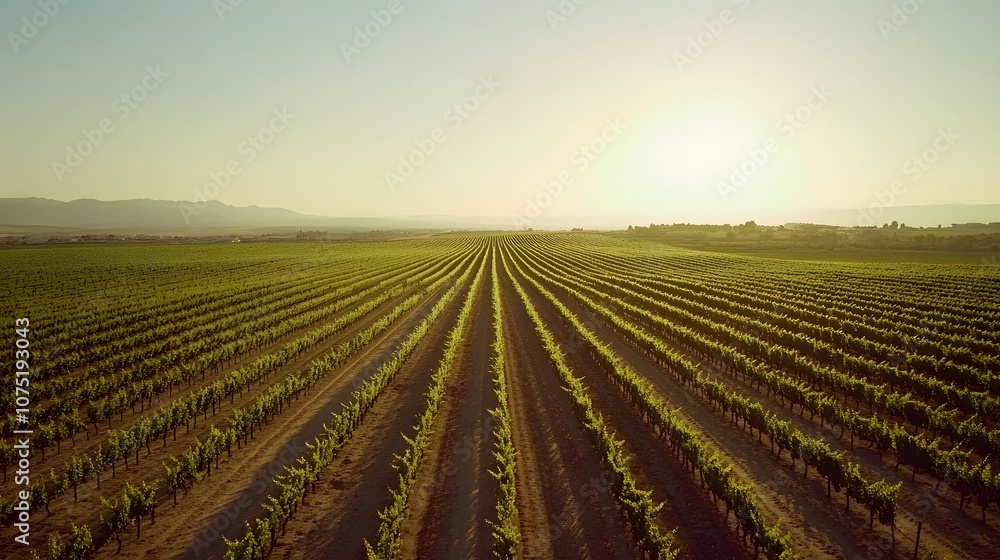 Poster Aerial shot of a sprawling vineyard with rows of grapevines arranged in a symmetrical pattern, stretching out towards the horizon under a clear sky. No text, no logo, wide angle shot, cinematic