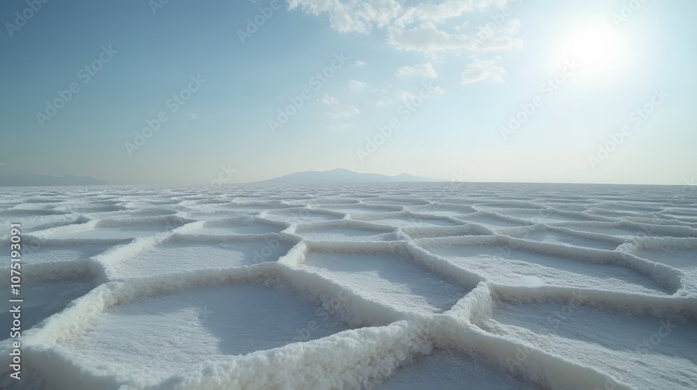 Poster expansive view of salt flats, with a pattern of white geometric shapes naturally formed by salt depo