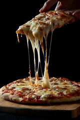 Cheesy pizza with an abundance of melted cheese, served on a wooden board