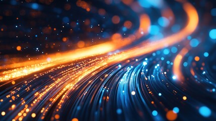 Fototapeta premium Abstract fiber optic cables with vibrant blue and orange lights