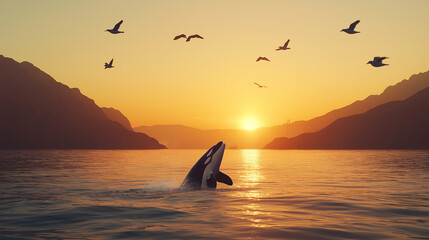Naklejka premium A beautiful sun set scene with a dolphin in sea water and birds are flying over.