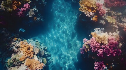High perspective shot of a coral reef in shallow water, with symmetrical arrangements of colorful coral formations visible from above. No text, no logo, wide angle shot, cinematic scene, 4k resolution