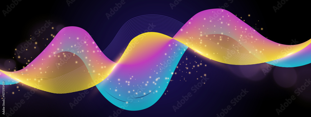 Poster vibrant abstract wave design on a rich backdrop, creating a dynamic and futuristic feel, perfect for