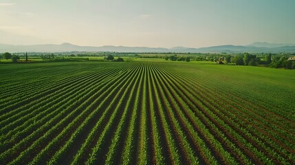 Expansive shot of symmetrical agricultural fields, with crops planted in precise rows, forming a detailed grid pattern over the landscape. No text, no logo, wide angle shot, cinematic scene, 4k