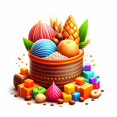3D Pongal Sweets Vector Illustration | Traditional Sakkarai Pongal, Sweet Rice | Vibrant Colors, Textures | Ideal for Infographic Designs | Isolated Icon with White Background | Festive Indian Dessert