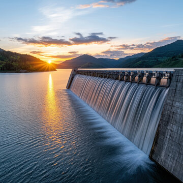 Stunning sunset behind hydroelectric dam, showcasing renewable energy generation and beauty of nature. tranquil water reflects vibrant colors of sky