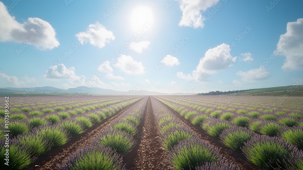 Aufkleber high perspective of lavender fields in full bloom, with neatly planted rows stretching out symmetric