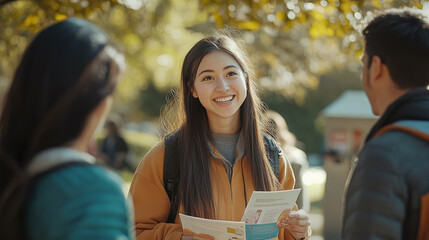 Mental health awareness campaign booth at a college campus, with volunteers handing out informational brochures and talking to students