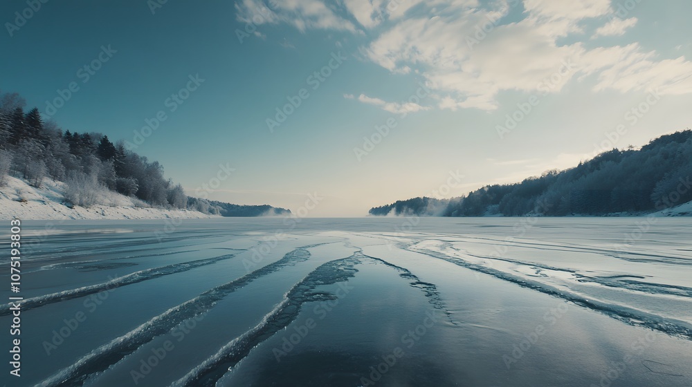 Aufkleber Expansive view of a frozen lake with a layer of snow, with the cracks in the ice creating natural, symmetrical patterns across the surface. No text, no logo, wide angle shot, cinematic scene, 4k