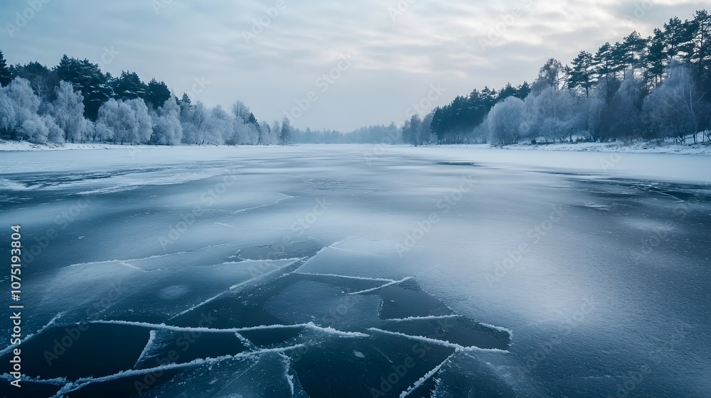 Poster Expansive view of a frozen lake with a layer of snow, with the cracks in the ice creating natural, symmetrical patterns across the surface. No text, no logo, wide angle shot, cinematic scene, 4k
