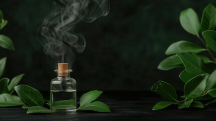 A serene arrangement featuring a glass bottle of aromatic liquid, emitting wisps of steam, surrounded by lush green leaves against a dark backdrop.