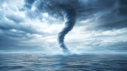 The impending whirlwind of a water tornado. The dramatic sky above the surface of the sea. The danger and power of wildlife. Illustration for cover, postcard, interior design, decor or print.