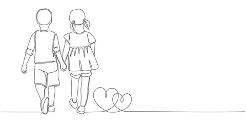 two people walking, continuous single line drawing of toddler girl and boy running hand in hand, line art vector illustration