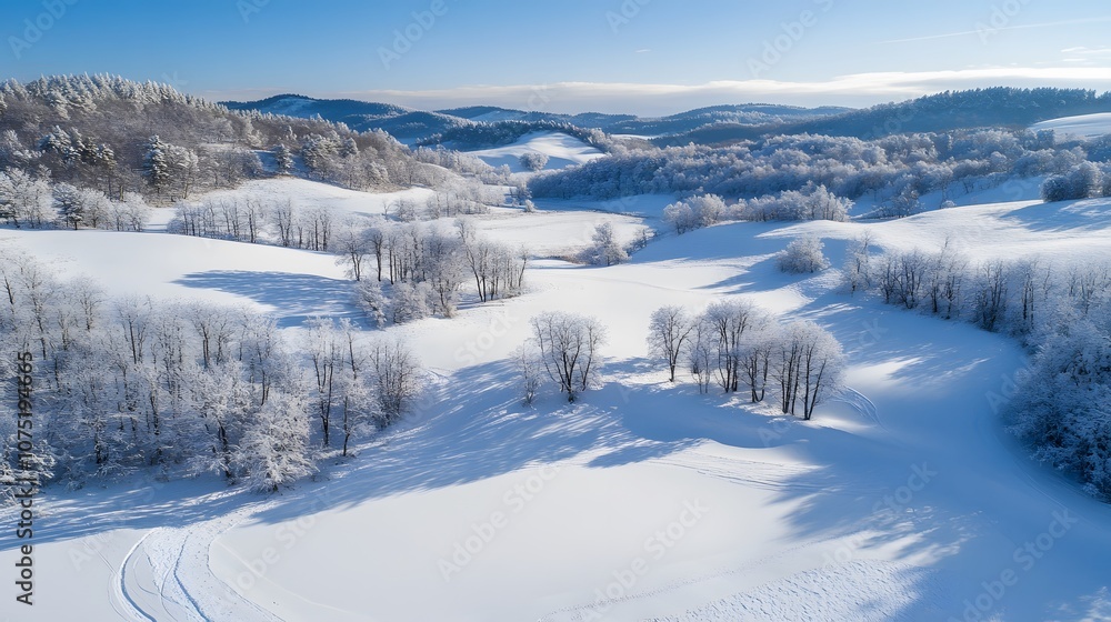 Poster Expansive view of symmetrical snow-covered hills with clusters of trees breaking up the white landscape, creating a serene winter scene. No text, no logo, wide angle shot, cinematic scene, 4k