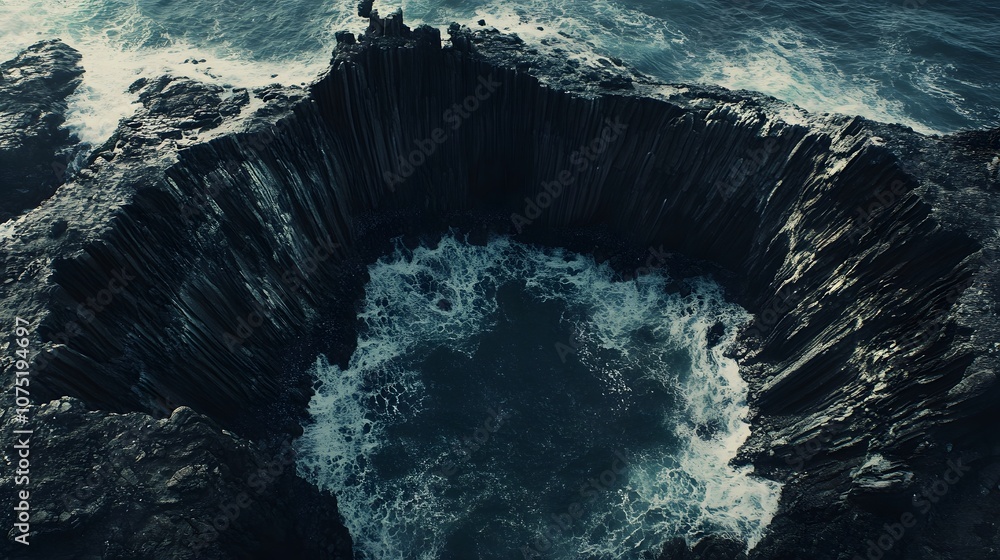 Poster aerial view of a rugged coastline with natural rock formations creating a symmetrical, abstract patt