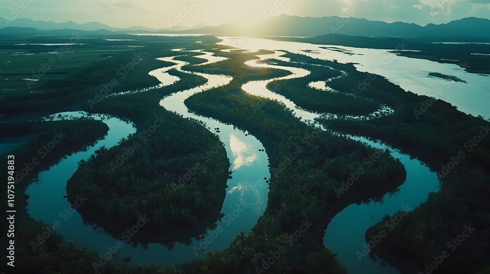 Poster bird s-eye view of a symmetrical pattern of winding rivers and wetlands, forming a unique, natural a