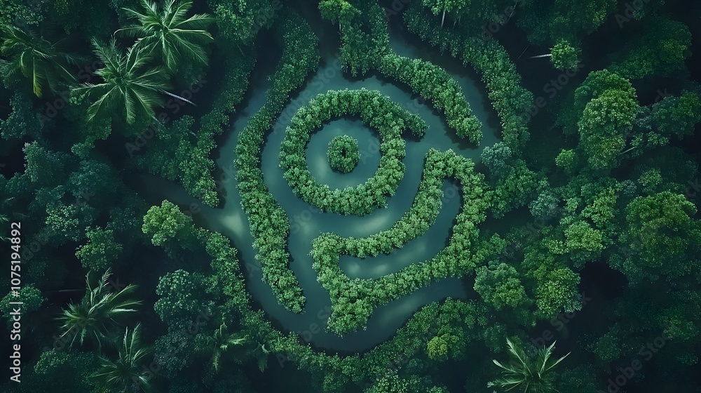 Poster bird s-eye view of a symmetrical pattern of winding rivers and wetlands, forming a unique, natural a
