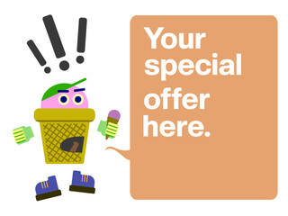 Character - coffee cup with eyes, mouth and moustache like croissant - declares something within speech bubble, some special offer or other information from your business. Vector illustration.