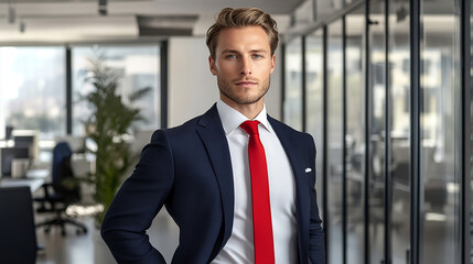 Fototapeta premium Vibrant red tie in a modern office setting