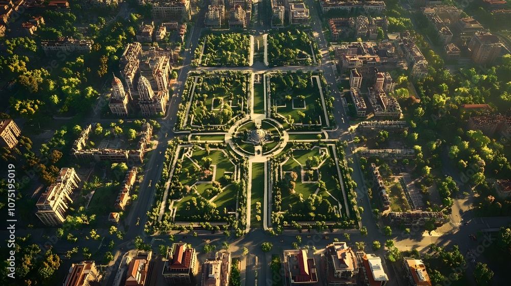 Aufkleber aerial image of a city with symmetrical grids and green parks spaced evenly throughout, showing plan