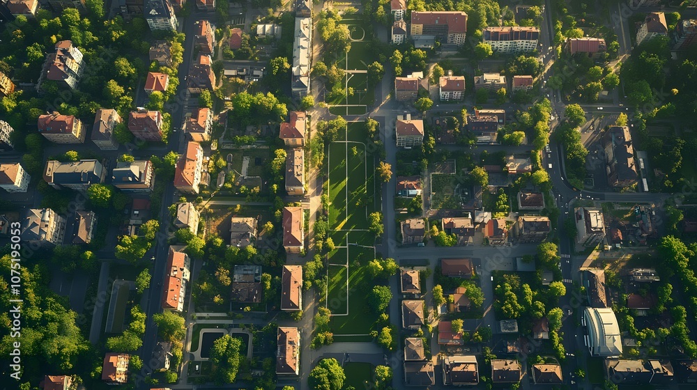 Poster aerial image of a city with symmetrical grids and green parks spaced evenly throughout, showing plan