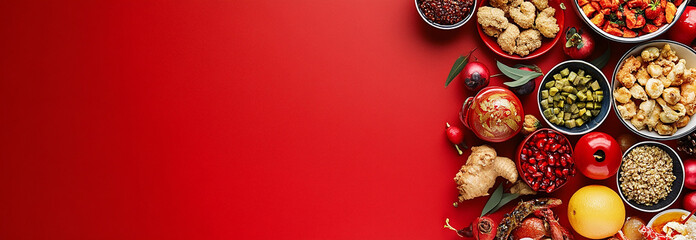 Chinese New Year background with traditional Chinese food and fruits on a red table