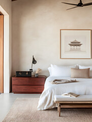A luxurious contemporary classic-style bedroom featuring a modern solid wood bed frame from the 1960s and 70s, a dark red Tibetan solid wood high cabinet with retro patterns hand-drawn. 3D render.