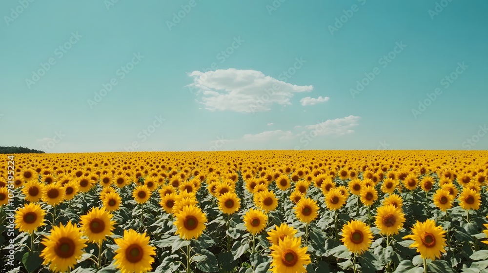 Poster Expansive view of sunflower fields planted in neat rows, stretching out symmetrically under a bright blue sky, with vibrant yellow flowers. No text, no logo, wide angle shot, cinematic scene, 4k