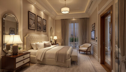 Fototapeta premium Layers of bright and warm neutrals—with pops of saturated colors—are perfect for traditional bedrooms