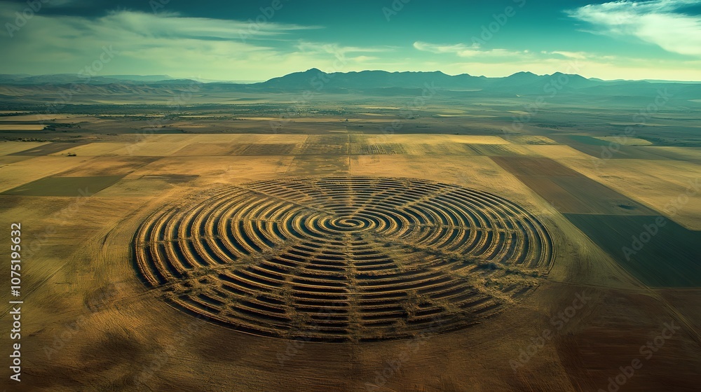 Aufkleber High perspective of farmland with symmetrical crop circles and rectangular fields forming an intricate, geometric design in the landscape. No text, no logo, wide angle shot, cinematic scene, 4k