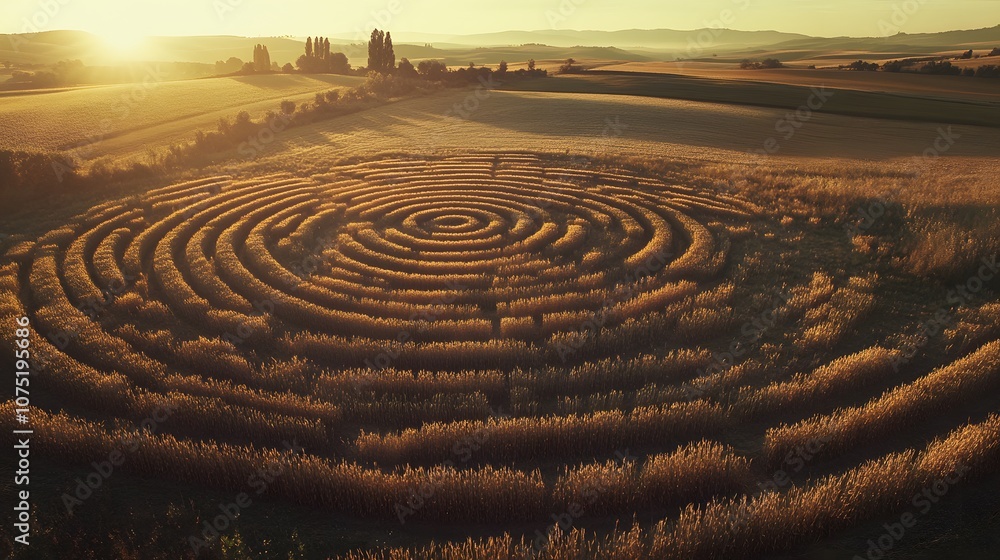 Aufkleber high perspective of farmland with symmetrical crop circles and rectangular fields forming an intrica