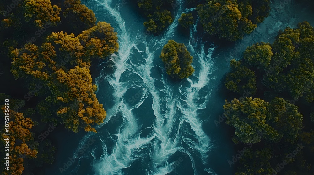 Poster Bird s-eye view of a river delta with branches spreading symmetrically into various channels, creating an organic yet structured waterway. No text, no logo, wide angle shot, cinematic scene, 4k