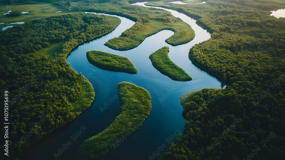 Aufkleber bird s-eye view of a river delta with branches spreading symmetrically into various channels, creati