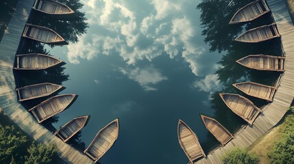 High perspective of a lake with geometric dock structures extending symmetrically into the water, with boats docked neatly along each side. No text, no logo, wide angle shot, cinematic scene, 4k