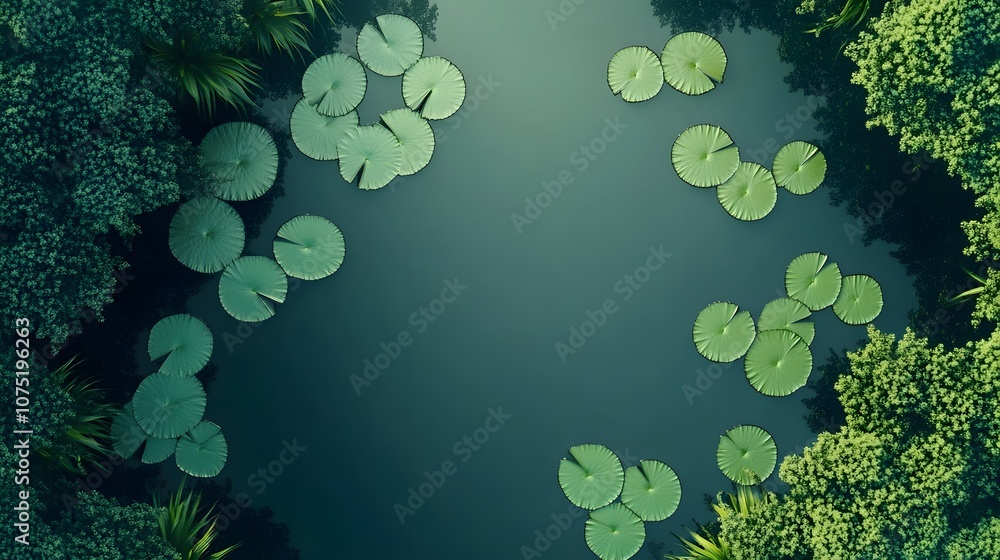 Poster Bird s-eye view of a lake with floating lily pads arranged in symmetrical patterns, adding vibrant green to the water's still surface. No text, no logo, wide angle shot, cinematic scene, 4k resolution
